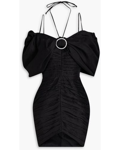 Rasario Cold-shoulder Embellished Ruched Linen-blend Mini Dress - Black
