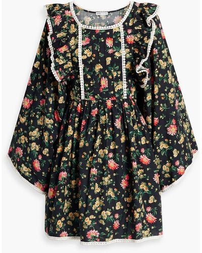 BATSHEVA Rhys Crochet-trimmed Floral-print Cotton-poplin Mini Dress - Black