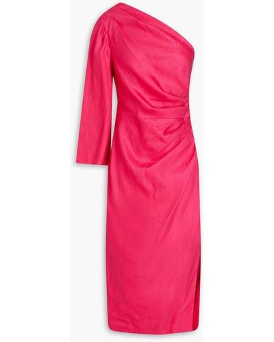 Veronica Beard Patsy One-shoulder Pleated Linen-blend Midi Dress - Pink