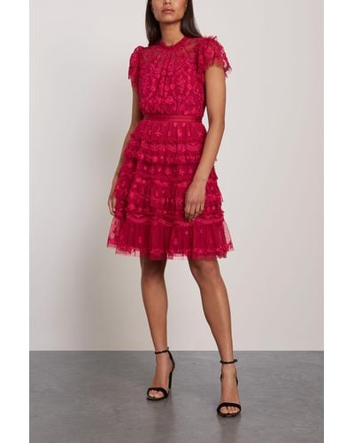 Needle & Thread Darcy Embroidered Tulle Mini Dress Crimson