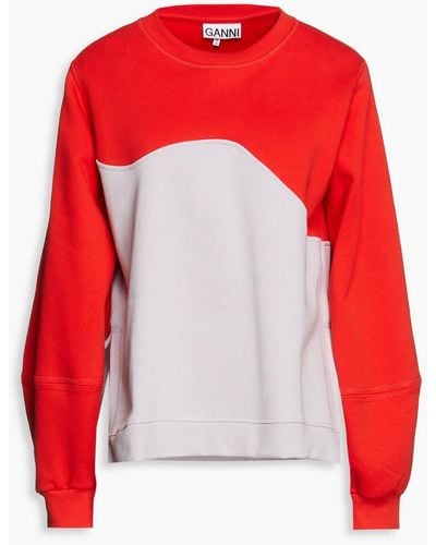 Ganni Embroide Two-tone Organic Cotton-fleece Sweatshirt - Red