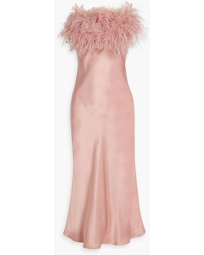 Sleeper Boheme Feather-trimmed Satin Midi Slip Dress - Pink