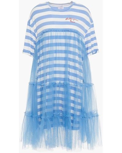 Stella Jean Layered Printed Cotton-jersey And Tiered Tulle Mini Dress - Blue