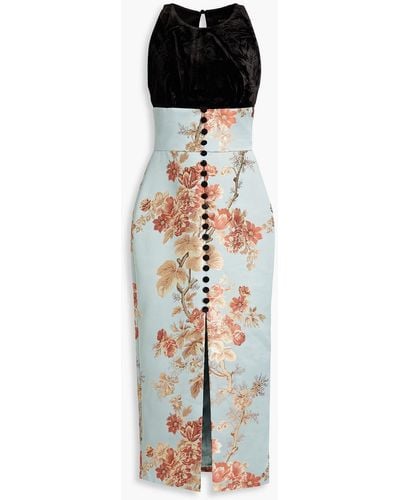 Rasario Crushed Velvet-paneled Floral-jacquard Midi Dress - White