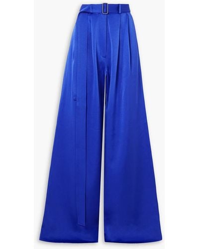Alex Perry Landon Belted Pleated Satin-crepe Wide-leg Trousers - Blue