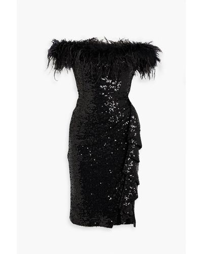 Badgley Mischka Off-the-shoulder Feather-embellished Sequined Tulle Dress - Black