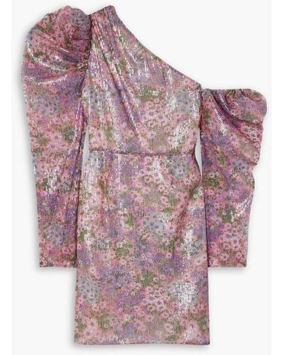 Les Rêveries Minikleid aus tüll mit asymmetrischer schulterpartie, pailletten und floralem print - Pink