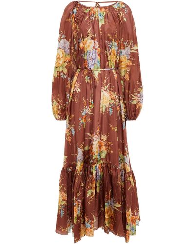 Zimmermann Zinnia Tie-back Gathered Floral-print Silk-voile Maxi Dress - Brown