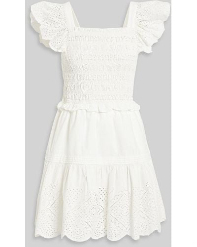 Sea Vivienne Ruffled Shirred Broderie Anglaise Cotton Mini Dress - White