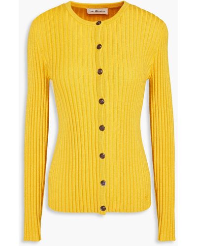 Tory Burch Ribbed Metallic Merino Wool-blend Cardigan - Yellow