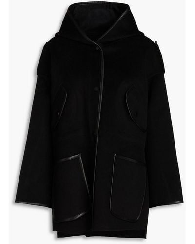 Maje Faux Leather-trimmed Felt Hooded Jacket - Black
