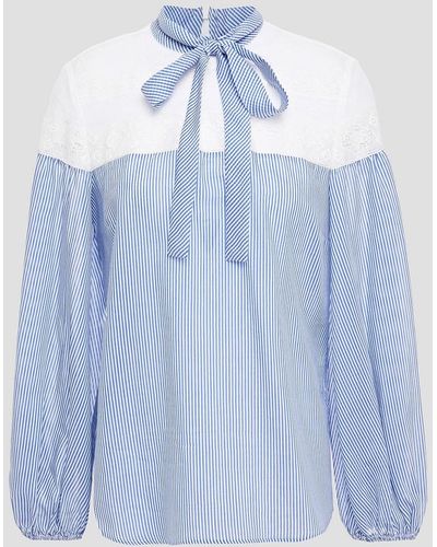 RED Valentino Lace-trimmed Point D'esprit And Striped Cotton And Silk-blend Blouse - Blue