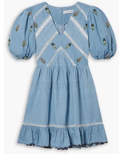 Lug Von Siga Emma Ruffled Embroidered Cotton-chambray Mini Dress - Blue