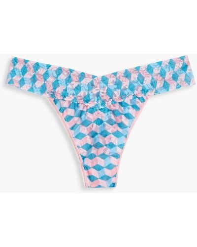Hanky Panky Printed Stretch-lace Mid-rise Thong - Blue