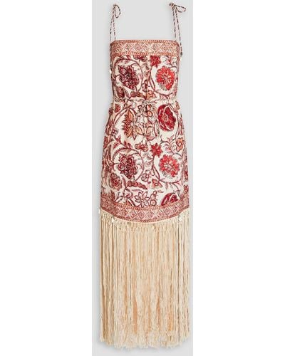 Zimmermann Maxikleid aus leinen und makramee mit floralem print und fransen - Rot
