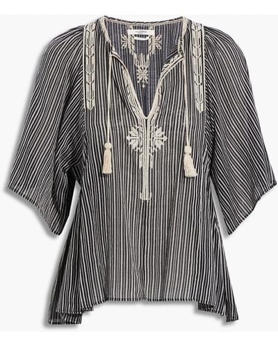 Isabel Marant Joya Embroidered Striped Cotton-gauze Top - Black