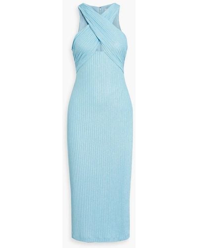 ML Monique Lhuillier Crossover Cutout Metallic Ribbed-knit Midi Dress - Blue