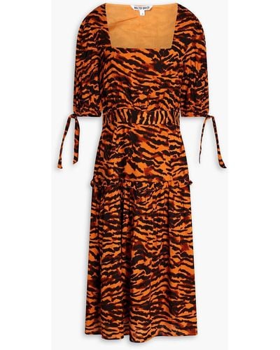 Walter Baker Yosline Gathered Tiger-jacquard Midi Dress - Orange