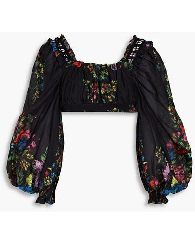 Charo Ruiz Hince Cropped Floral-print Cotton-blend Mousseline Top - Black