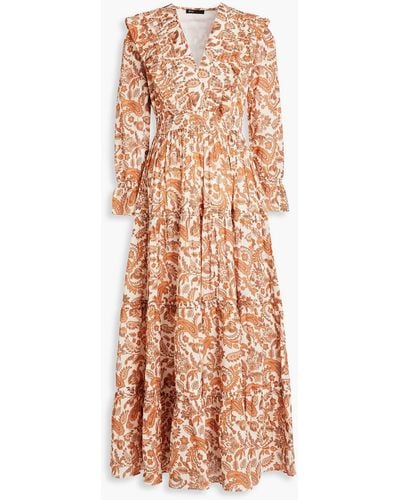 Maje Shirred Paisley-print Cotton Maxi Dress - Orange