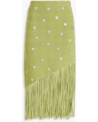 Sandro Fringed Embellished Pointelle-knit Midi Skirt - Green
