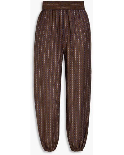 Tory Burch Printed Cotton And Silk-blend Tapered Trousers - Brown