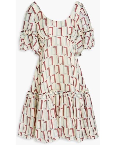 LEO LIN Printed Slub Linen And Silk-blend Mini Dress - Natural