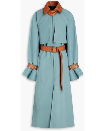 Paul Smith Leather-trimmed Slub Woven Trench Coat - Blue