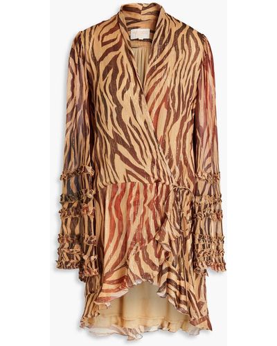 Rococo Sand Wrap-effect Zebra-print Metallic Chiffon Mini Dress - Brown