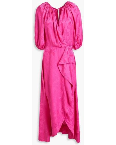 Saloni Olivia Wrap-effect Silk-satin Jacquard Midi Dress - Pink