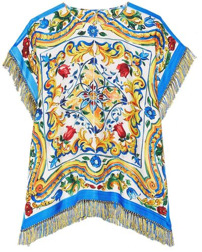 Dolce & Gabbana Fringed Printed Silk-blend Twill Top - Blue