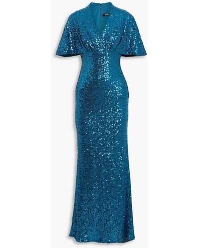 Badgley Mischka Draped Sequined Mesh Gown - Blue