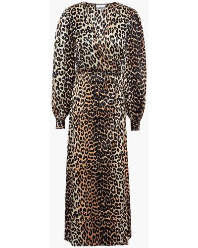 Ganni Leopard-print Silk-blend Satin Midi Wrap Dress - Multicolour