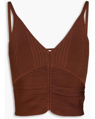 Sandro Cropped Ruched Ribbed-knit Top - Brown