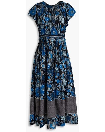 Ulla Johnson Lottie Pleated Floral-print Cotton-blend Midi Dress - Blue