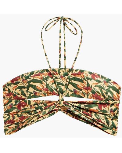 Agua Bendita Sepia Monarca Cutout Floral-print Halterneck Bandeau Bikini Top - Metallic