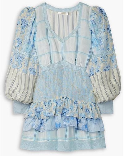 LoveShackFancy Sienne Ruffled Printed Silk Crepe De Chine Mini Dress - Blue