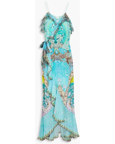 Camilla Embellished Printed Silk Crepe De Chine Maxi Wrap Dress - Blue