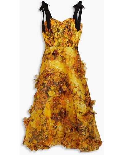 Marchesa Metallic Floral-print Chiffon Midi Dress - Yellow