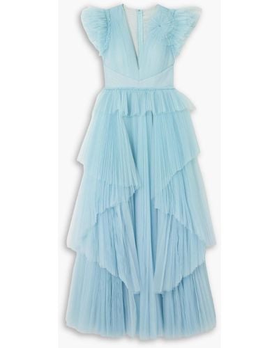 Huishan Zhang Pascale Tiered Ruffled Pleated Tulle Gown - Blue