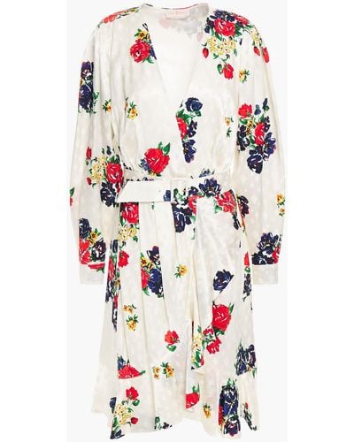 Tory Burch Kleid aus glänzendem seiden-jacquard mit floralem print und gürtel - Weiß