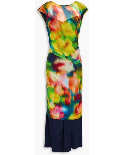 Dries Van Noten Layered Printed Stretch-tulle And Crepe De Chine Midi Dress - Blue