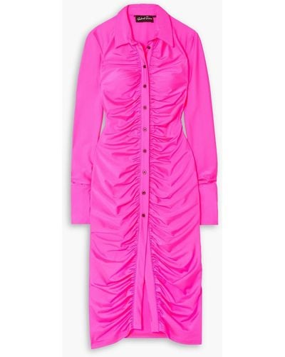Quinn Neon Ruched Stretch-jersey Midi Shirt Dress - Pink
