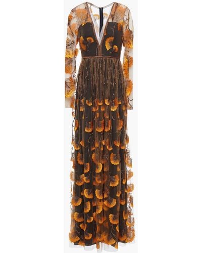 Amanda Wakeley Metallic Embroidered Gathered Tulle Maxi Dress - Orange