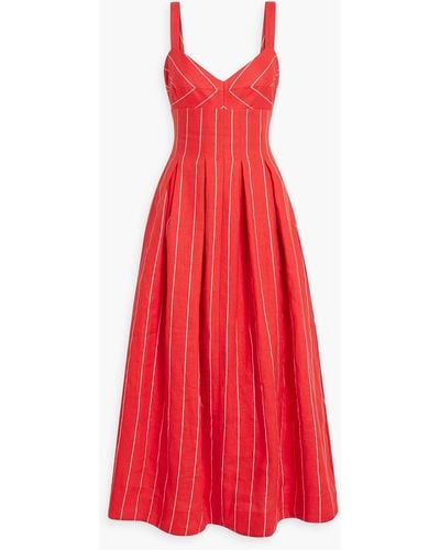 Nicholas Selene Pleated Striped Linen-blend Maxi Dress - Red