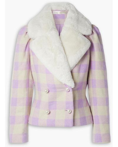 LoveShackFancy Dumont Double-breasted Faux Fur-trimmed Checked Tweed Jacket - Purple