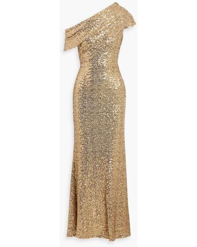 Badgley Mischka One-shoulder Draped Sequined Tulle Gown - Natural