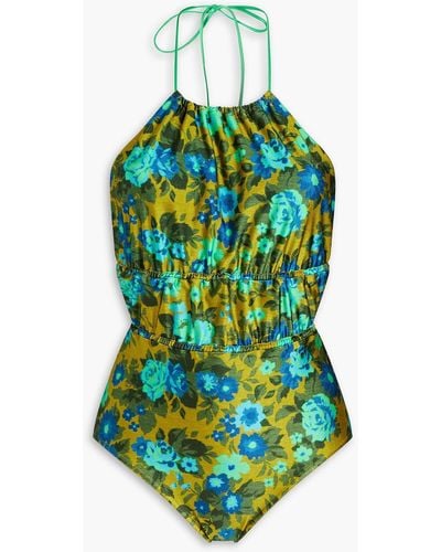 Zimmermann Gathered Floral-print Halterneck Swimsuit - Green