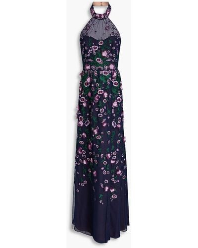 Marchesa Embroidered Tulle-paneled Chiffon Gown - Blue