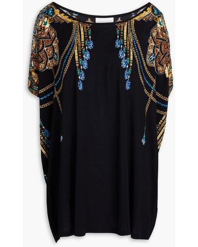 Camilla Crystal-embellished Printed Stretch-modal Jersey Top - Black